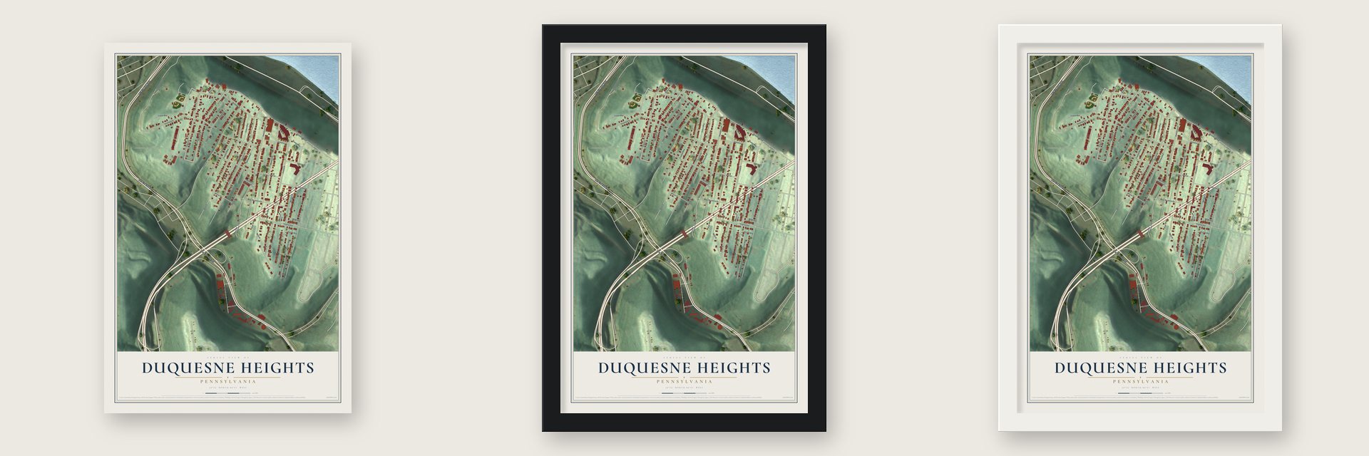 Duquesne Heights, Pennsylvania map unframed, in a black wood frame and in a white wood frame