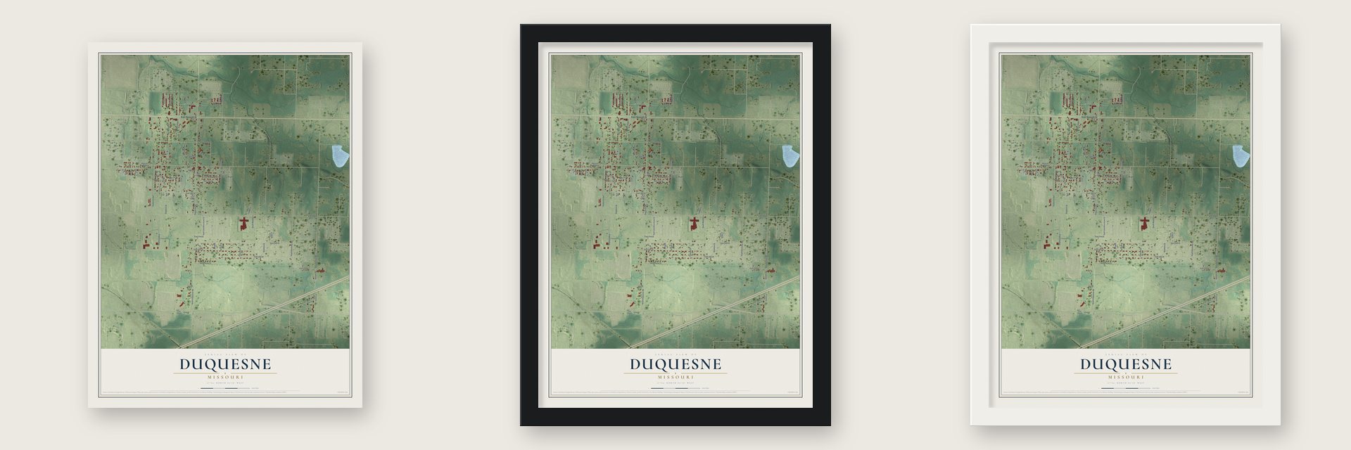 Duquesne, Missouri map unframed, in a black wood frame and in a white wood frame