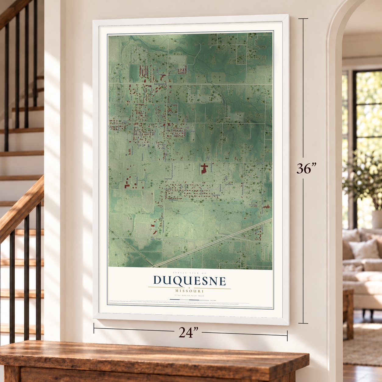 Duquesne, Missouri map, 24 x 36 inch print in a white frame by a staircase