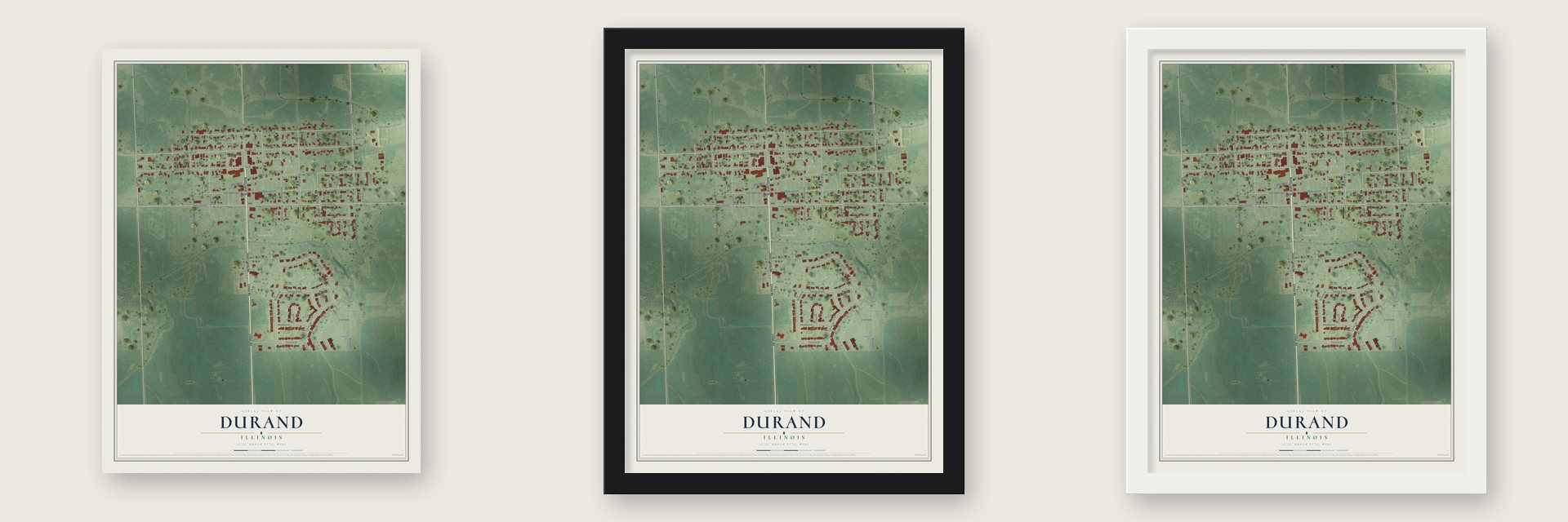 Durand, Illinois map unframed, in a black wood frame and in a white wood frame