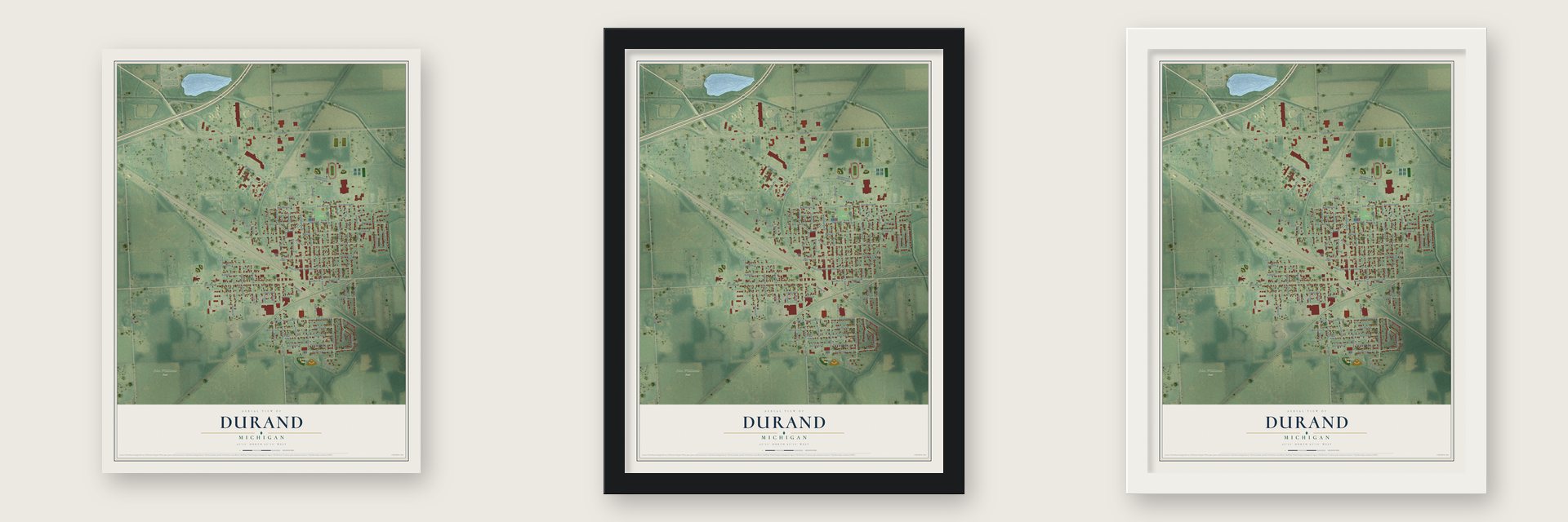Durand, Michigan map unframed, in a black wood frame and in a white wood frame