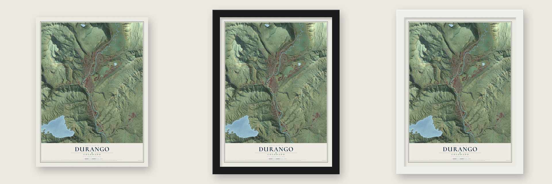 Durango, Colorado map unframed, in a black wood frame and in a white wood frame