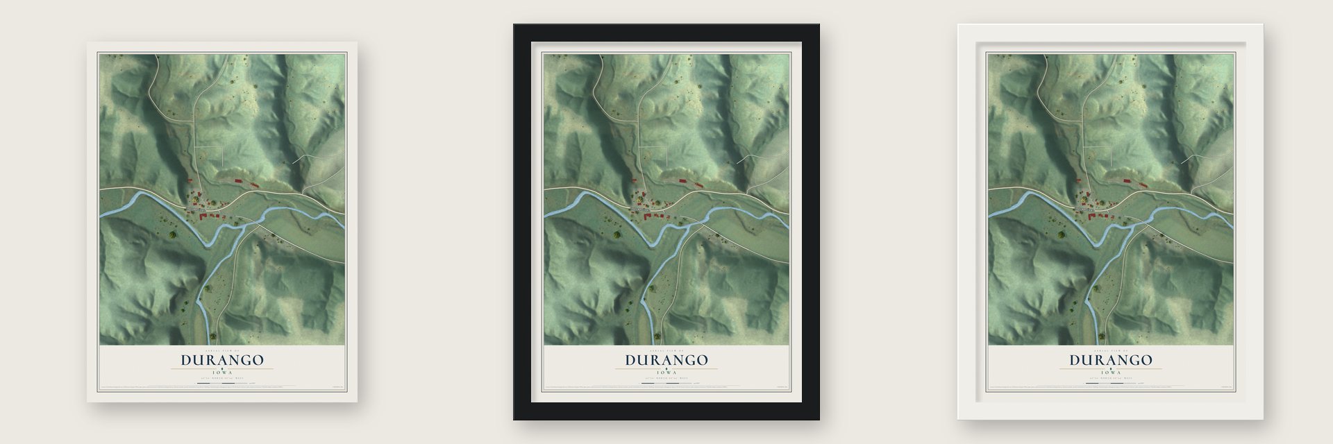 Durango, Iowa map unframed, in a black wood frame and in a white wood frame