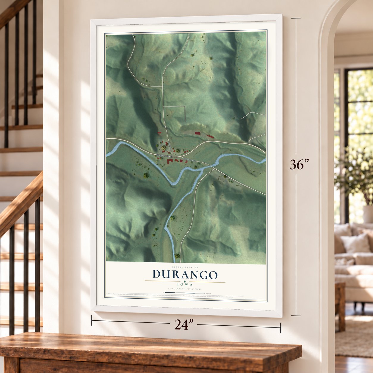 Durango, Iowa map, 24 x 36 inch print in a white frame by a staircase