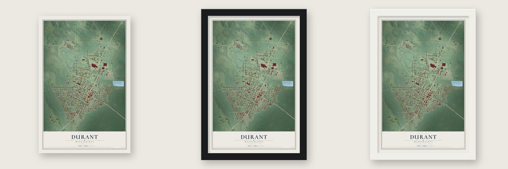Durant, Mississippi map unframed, in a black wood frame and in a white wood frame