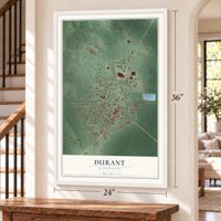 Durant, Mississippi map, 24 x 36 inch print in a white frame by a staircase