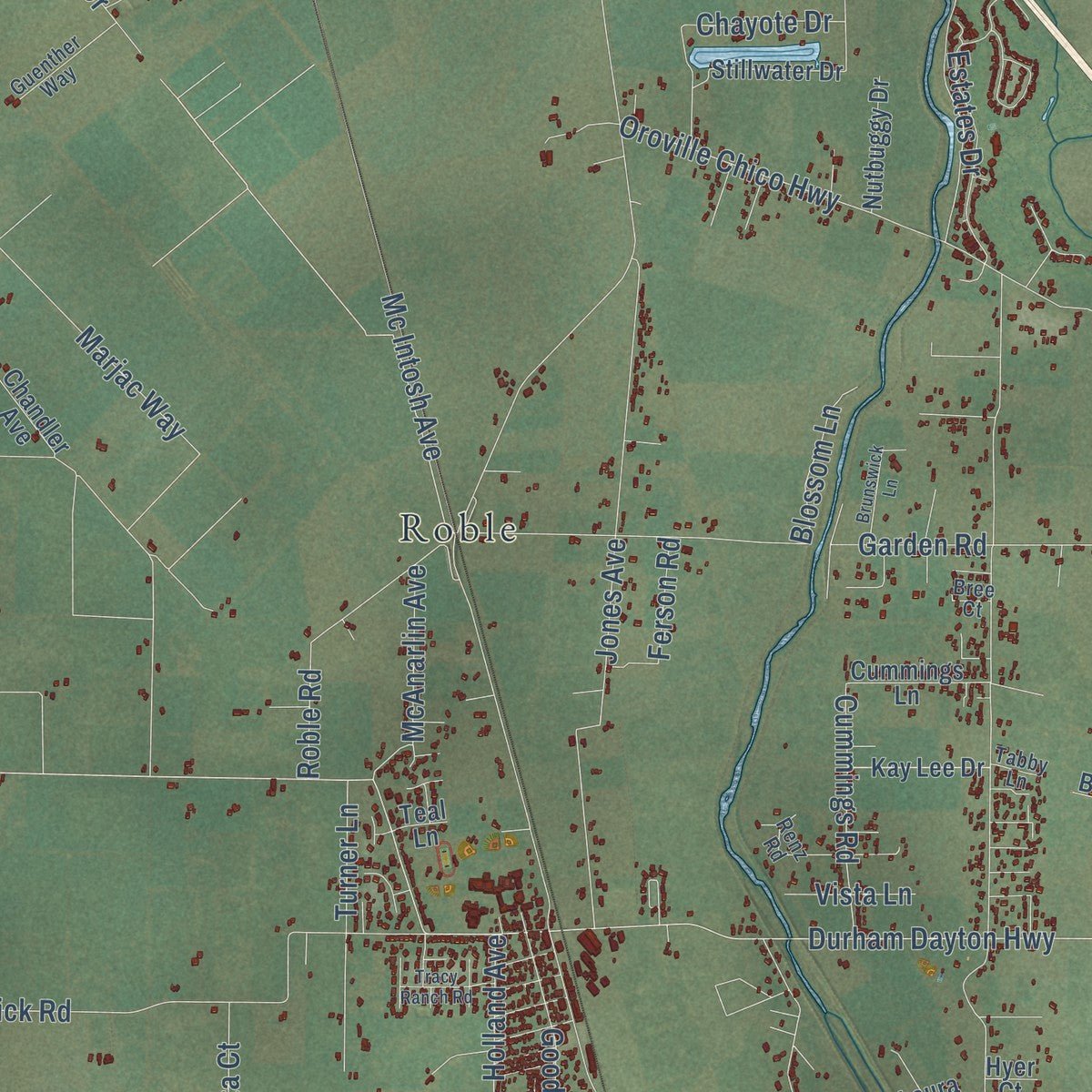 Second close-up of the map of Durham, California print showing more streets and buildings