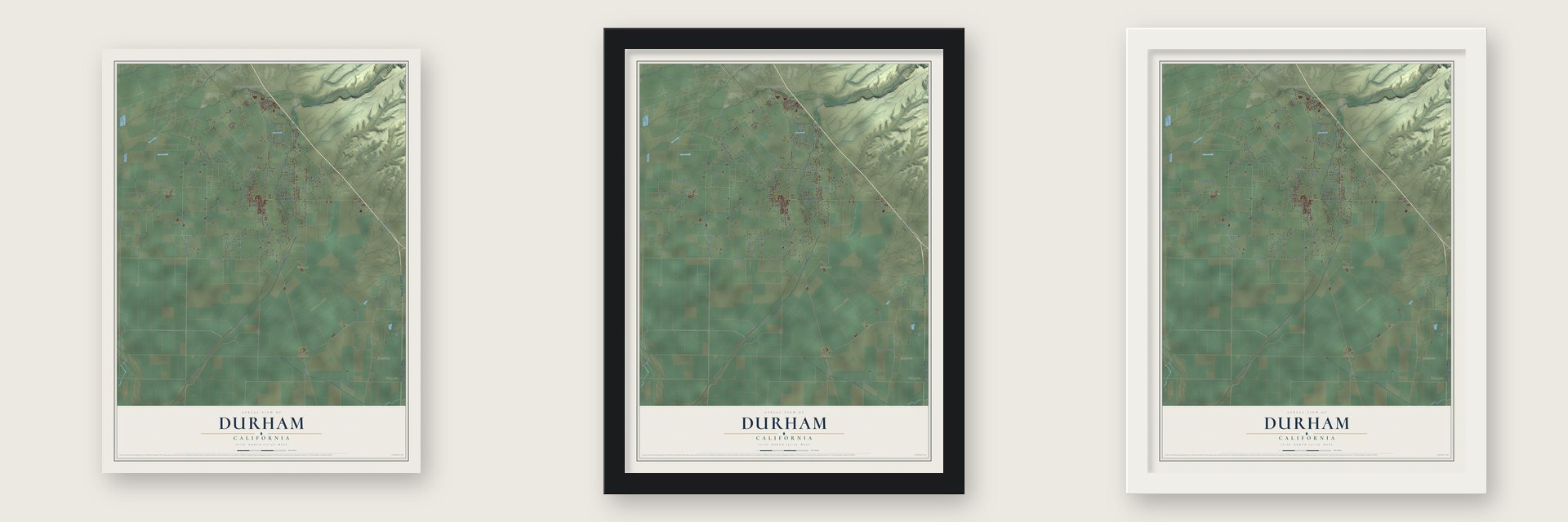 Durham, California map unframed, in a black wood frame and in a white wood frame