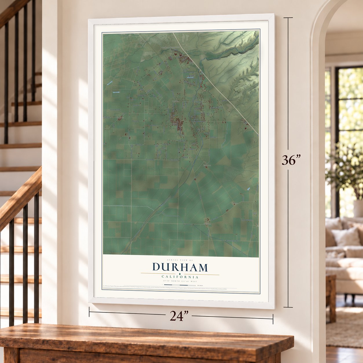 Durham, California map, 24 x 36 inch print in a white frame by a staircase