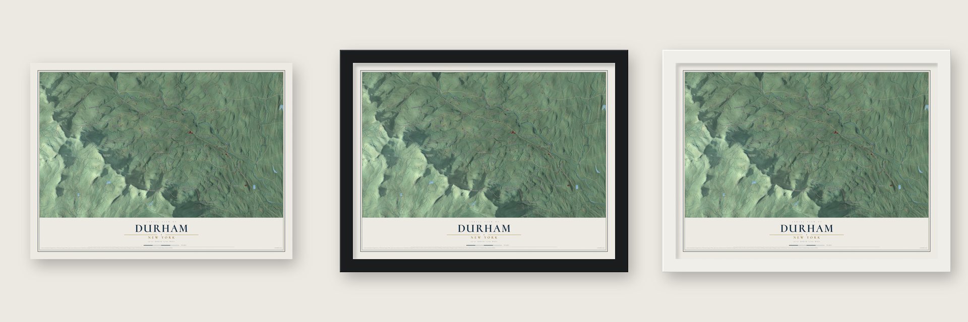 Durham, New York map unframed, in a black wood frame and in a white wood frame