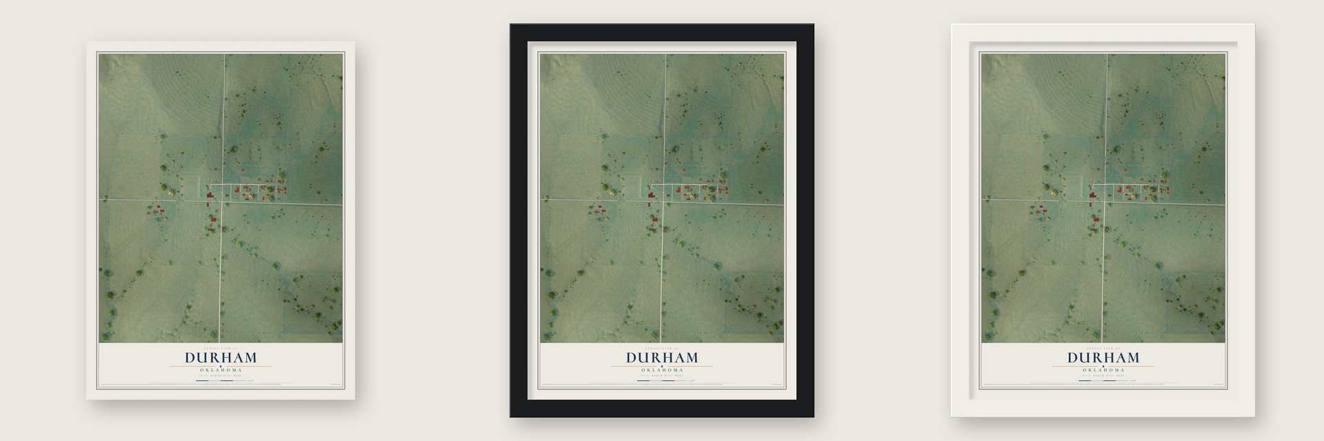 Durham, Oklahoma map unframed, in a black wood frame and in a white wood frame