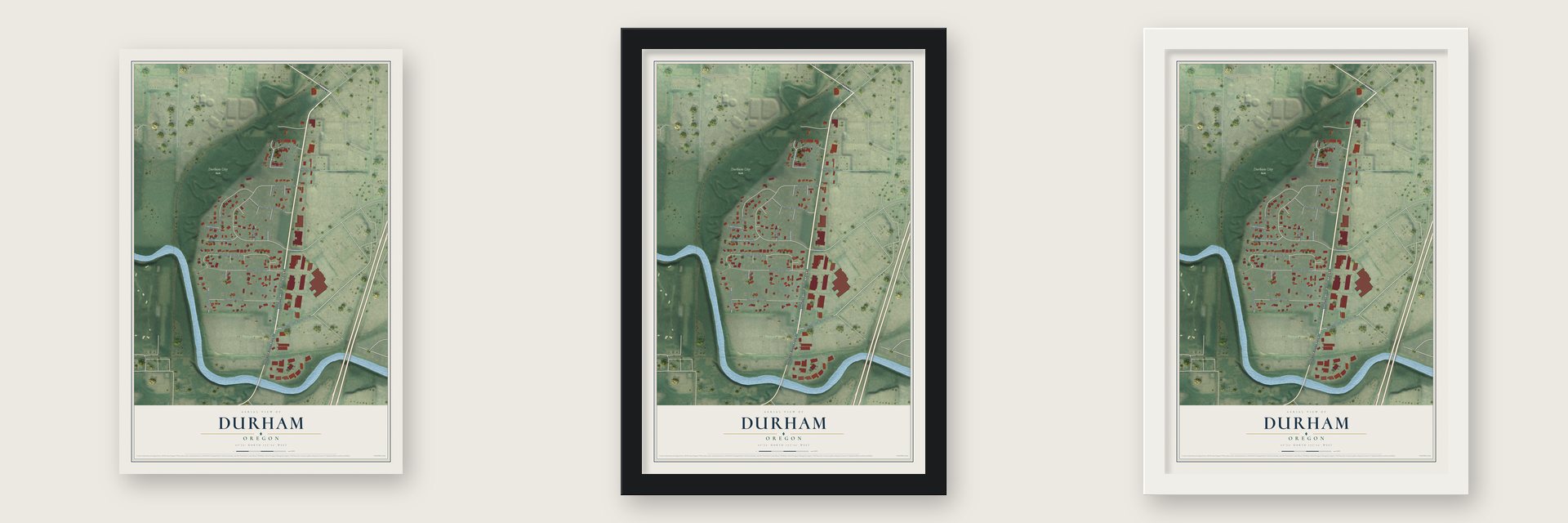Durham, Oregon map unframed, in a black wood frame and in a white wood frame