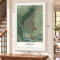 Durham, Oregon map, 24 x 36 inch print in a white frame by a staircase