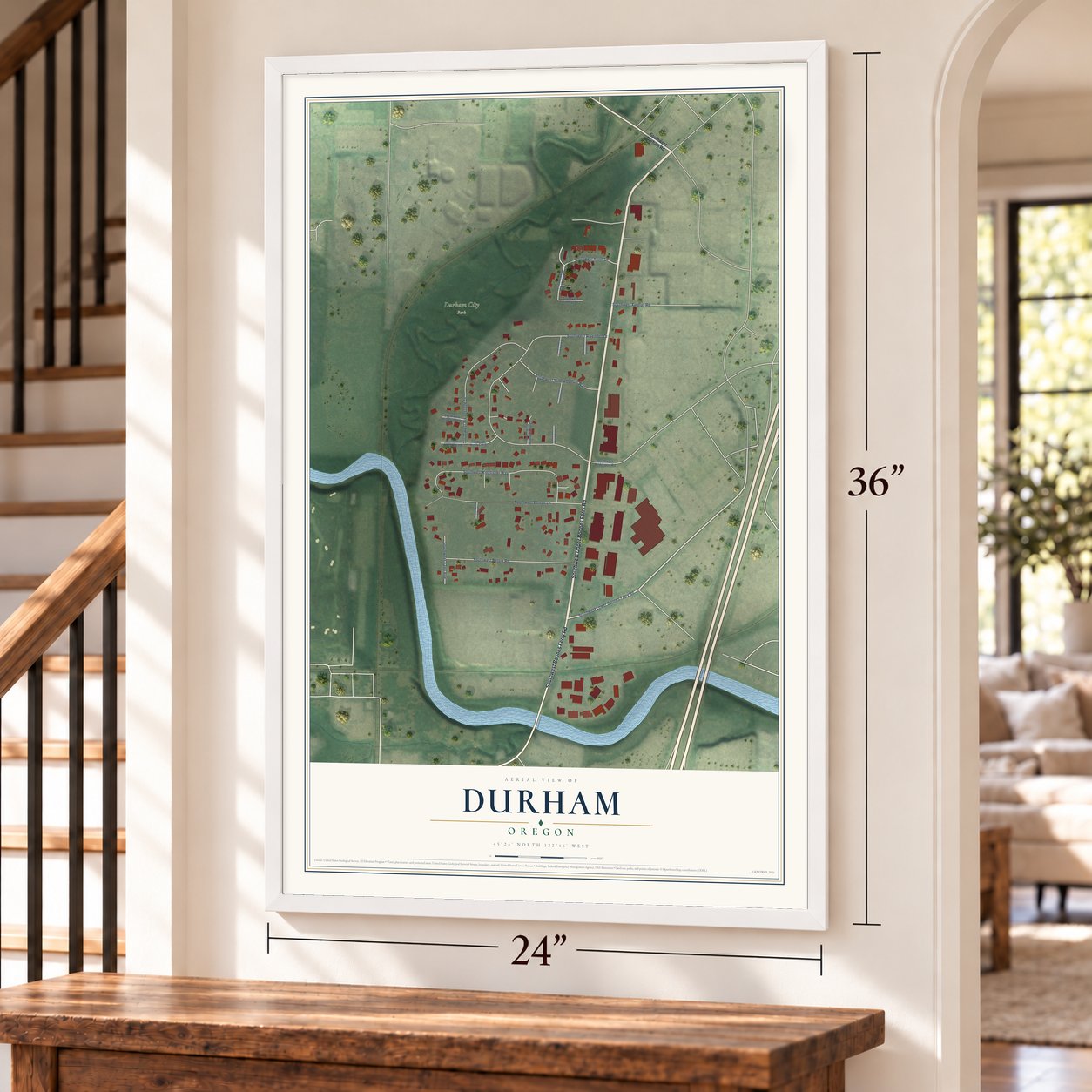 Durham, Oregon map, 24 x 36 inch print in a white frame by a staircase