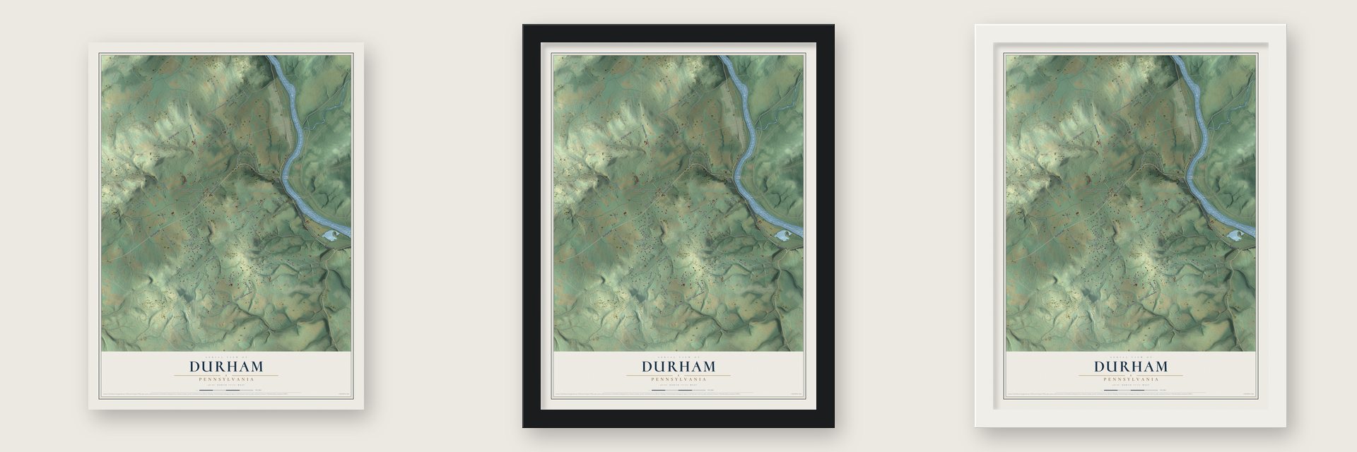 Durham, Pennsylvania map unframed, in a black wood frame and in a white wood frame