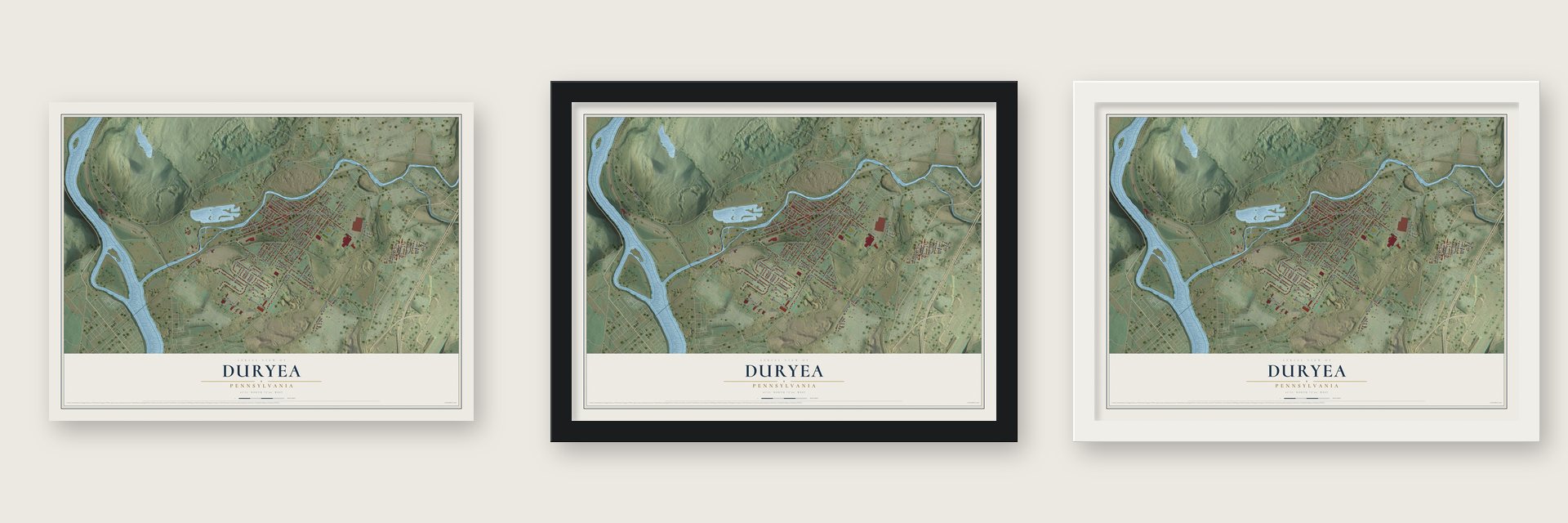 Duryea, Pennsylvania map unframed, in a black wood frame and in a white wood frame