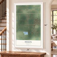 Duson, Louisiana map, 24 x 36 inch print in a white frame by a staircase