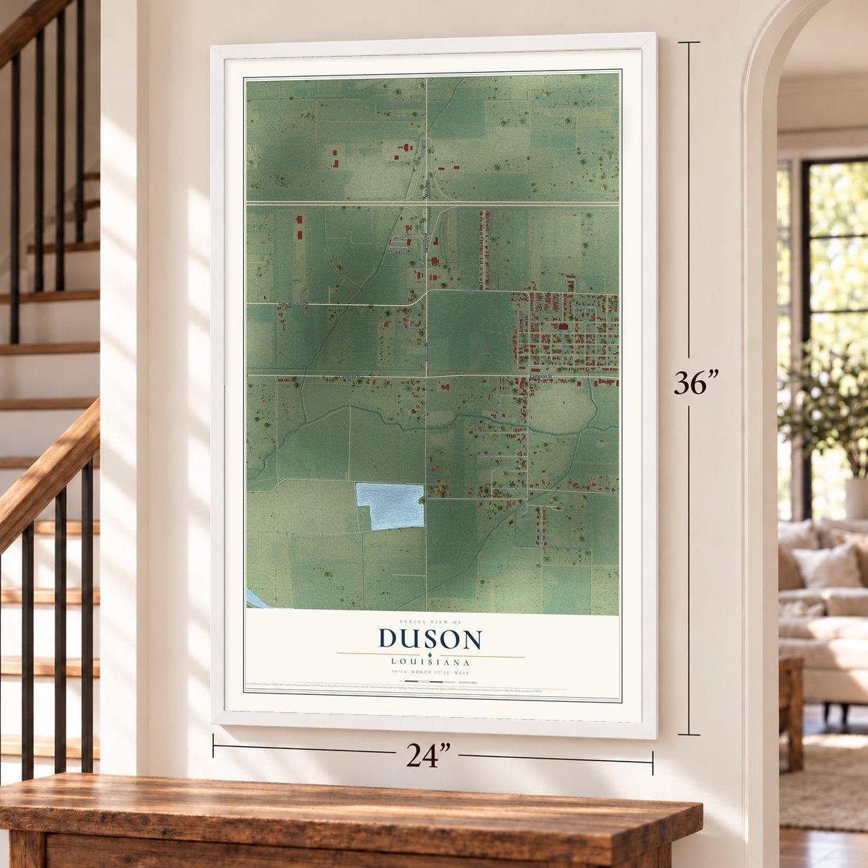Duson, Louisiana map, 24 x 36 inch print in a white frame by a staircase