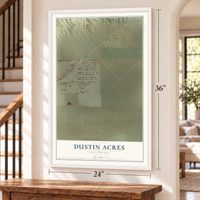 Dustin Acres, California map, 24 x 36 inch print in a white frame by a staircase