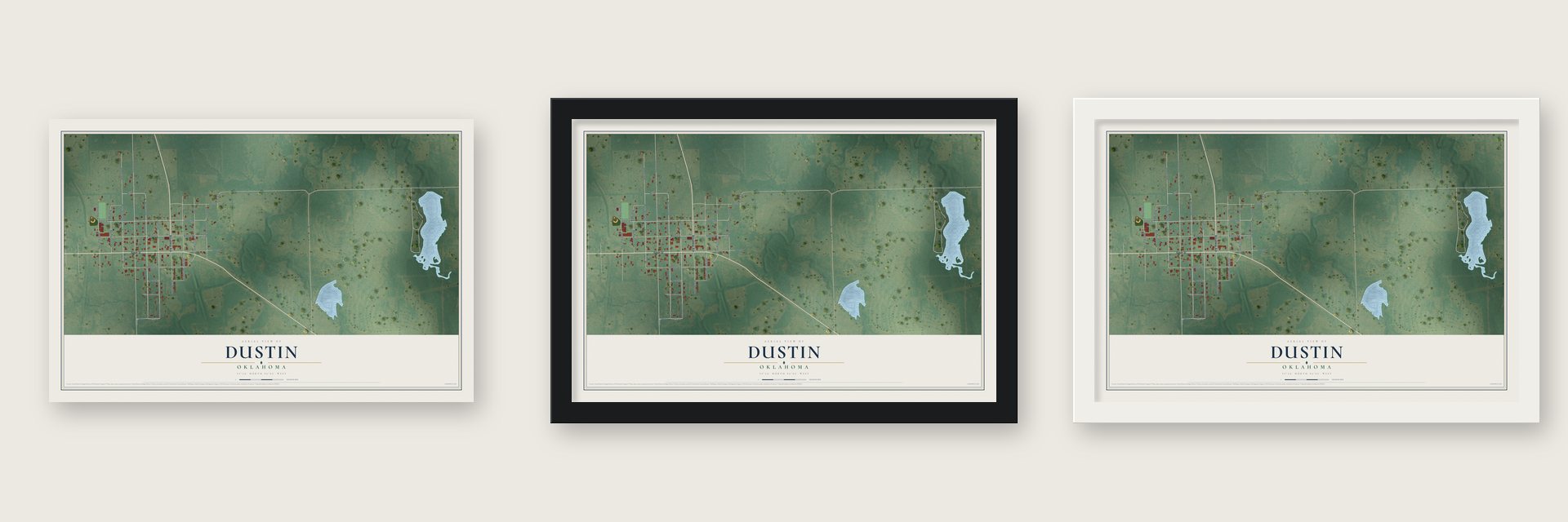 Dustin, Oklahoma map unframed, in a black wood frame and in a white wood frame