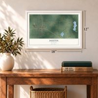 Dustin, Oklahoma map, 12 x 18 inch print in a white frame in an entryway