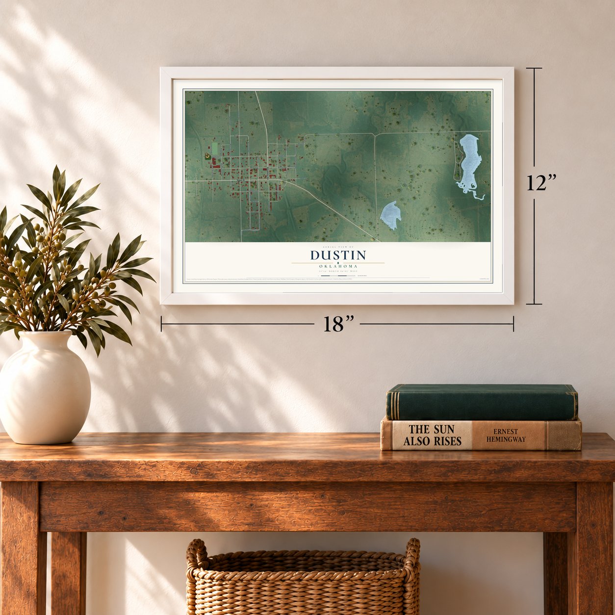 Dustin, Oklahoma map, 12 x 18 inch print in a white frame in an entryway