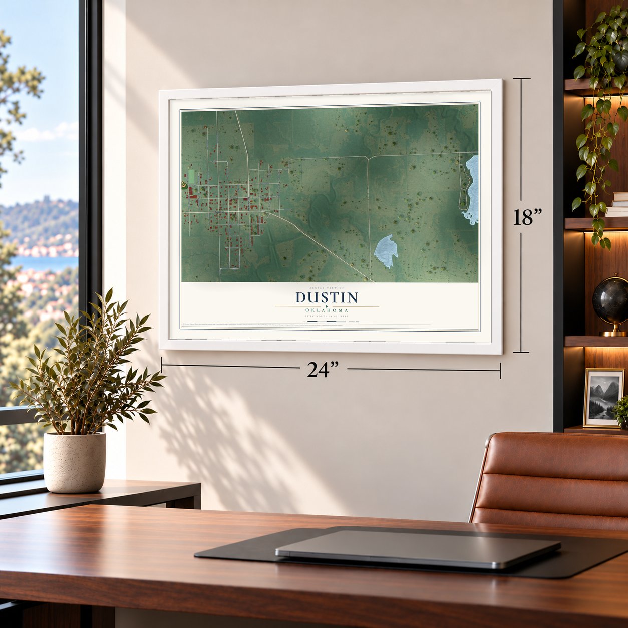 Dustin, Oklahoma map, 18 x 24 inch print in a white frame in a home office