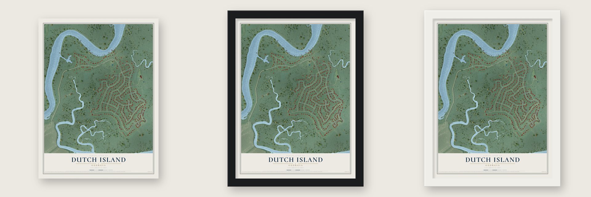 Dutch Island, Georgia map unframed, in a black wood frame and in a white wood frame