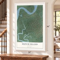 Dutch Island, Georgia map, 24 x 36 inch print in a white frame by a staircase