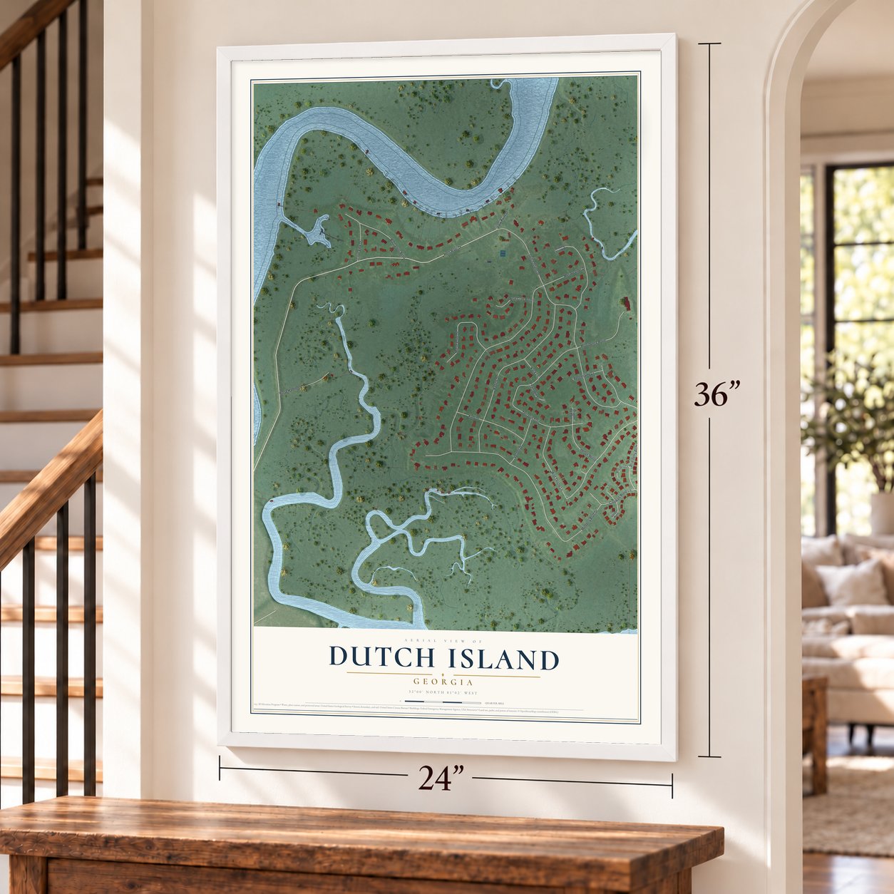 Dutch Island, Georgia map, 24 x 36 inch print in a white frame by a staircase