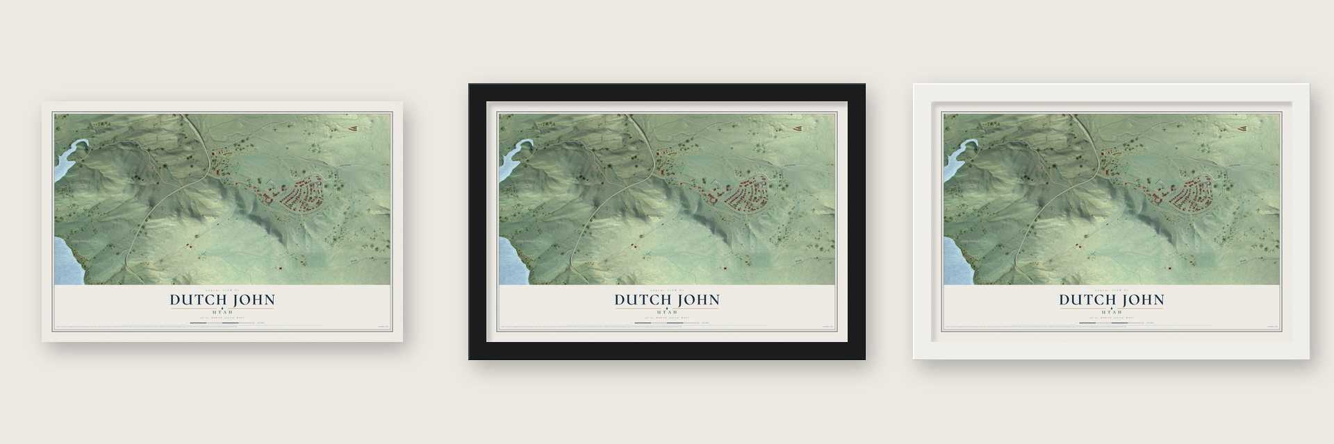 Dutch John, Utah map unframed, in a black wood frame and in a white wood frame