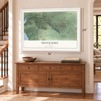 Dutch John, Utah map, 24 x 36 inch print in a white frame above a dresser by a staircase