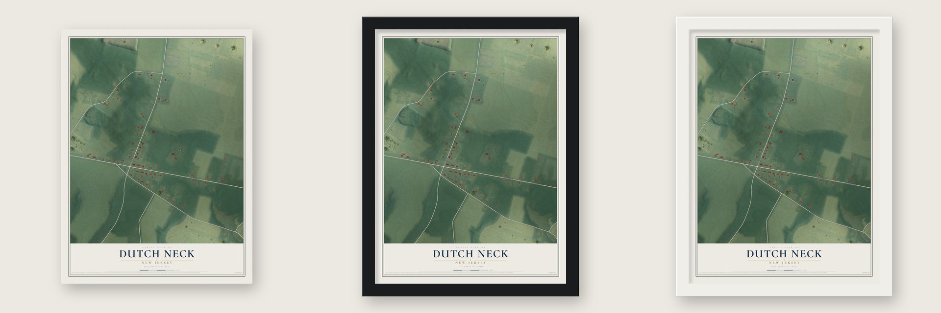 Dutch Neck, New Jersey map unframed, in a black wood frame and in a white wood frame