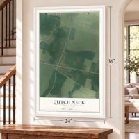 Dutch Neck, New Jersey map, 24 x 36 inch print in a white frame by a staircase