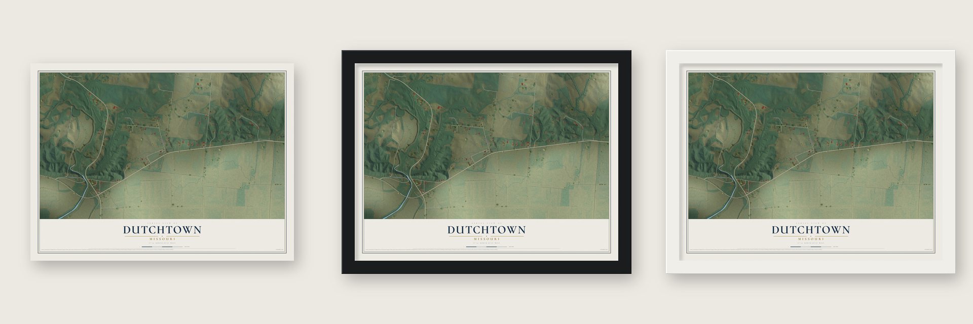 Dutchtown, Missouri map unframed, in a black wood frame and in a white wood frame