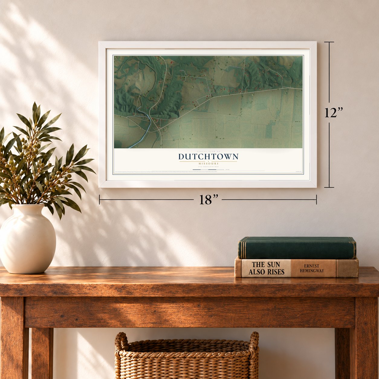 Dutchtown, Missouri map, 12 x 18 inch print in a white frame in an entryway