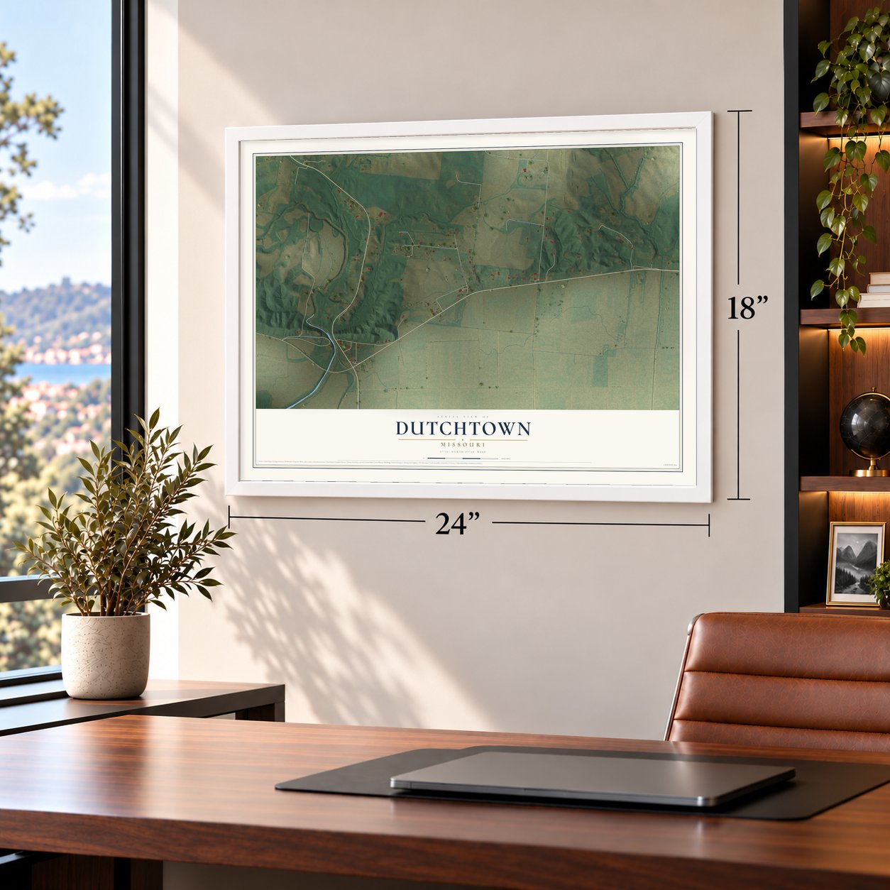 Dutchtown, Missouri map, 18 x 24 inch print in a white frame in a home office