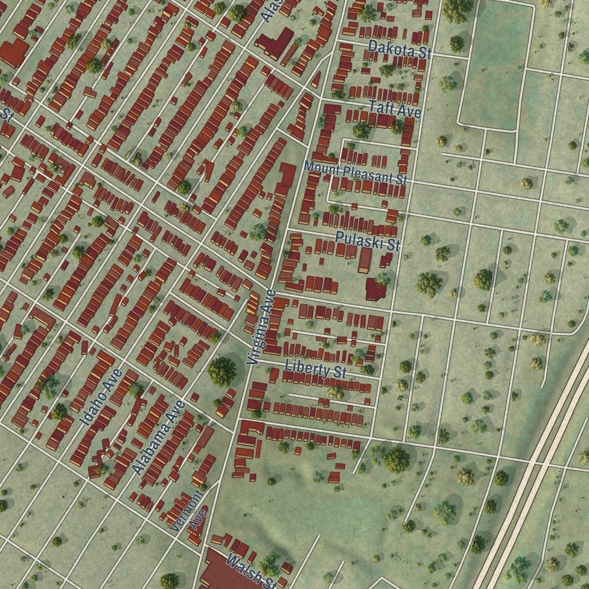 Second close-up of the map of Dutchtown, St. Louis, Missouri print showing more streets and buildings