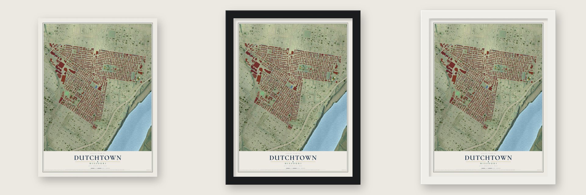 Dutchtown, St. Louis, Missouri map unframed, in a black wood frame and in a white wood frame
