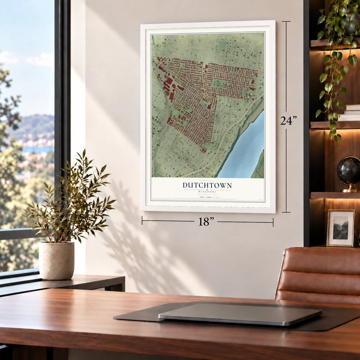 Dutchtown, St. Louis, Missouri map, 18 x 24 inch print in a white frame in a home office