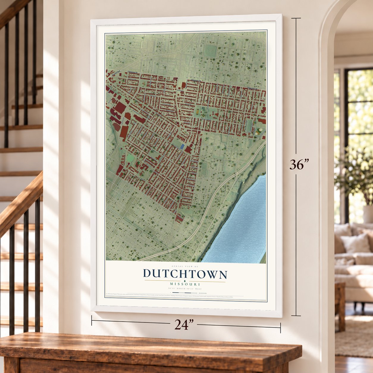 Dutchtown, St. Louis, Missouri map, 24 x 36 inch print in a white frame by a staircase