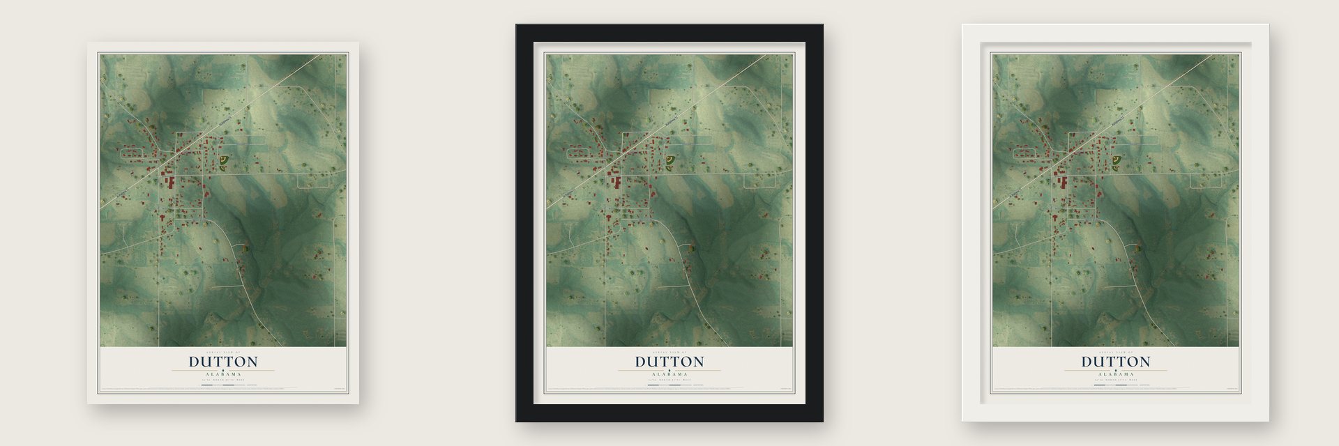 Dutton, Alabama map unframed, in a black wood frame and in a white wood frame