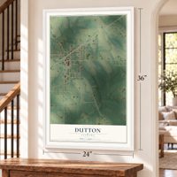 Dutton, Alabama map, 24 x 36 inch print in a white frame by a staircase