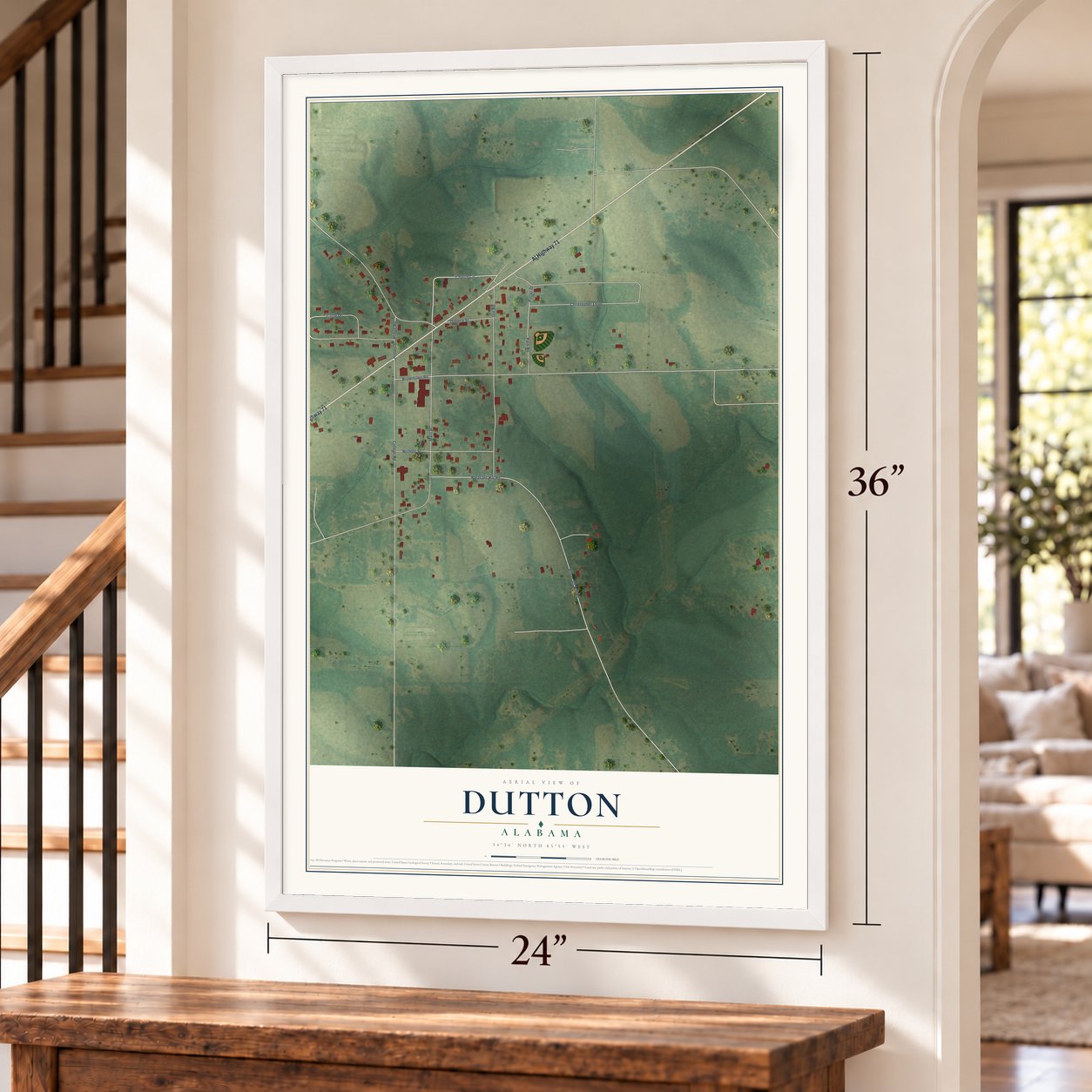 Dutton, Alabama map, 24 x 36 inch print in a white frame by a staircase
