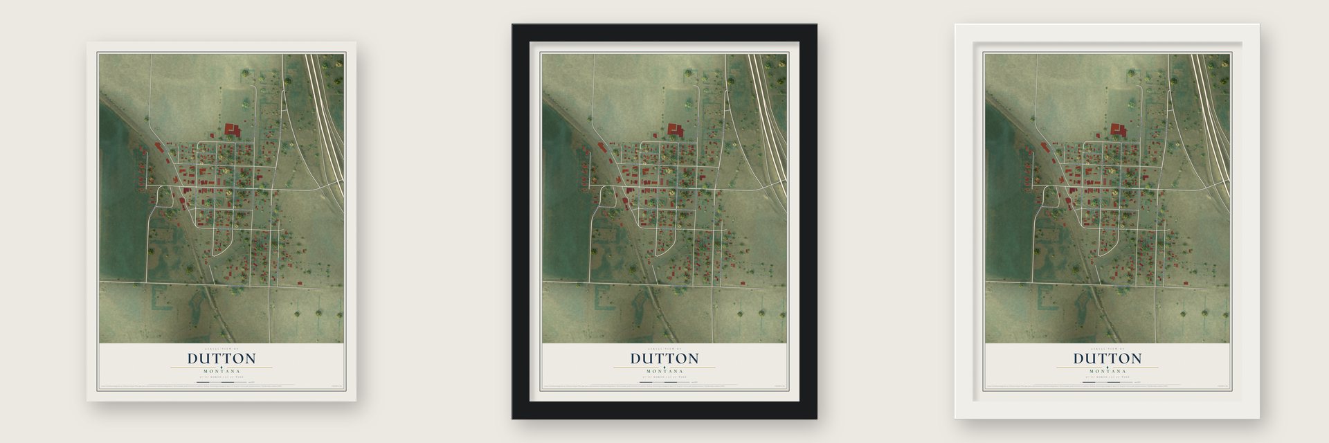 Dutton, Montana map unframed, in a black wood frame and in a white wood frame