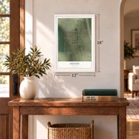 Dutton, Montana map, 12 x 18 inch print in a white frame in an entryway