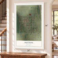 Dutton, Montana map, 24 x 36 inch print in a white frame by a staircase