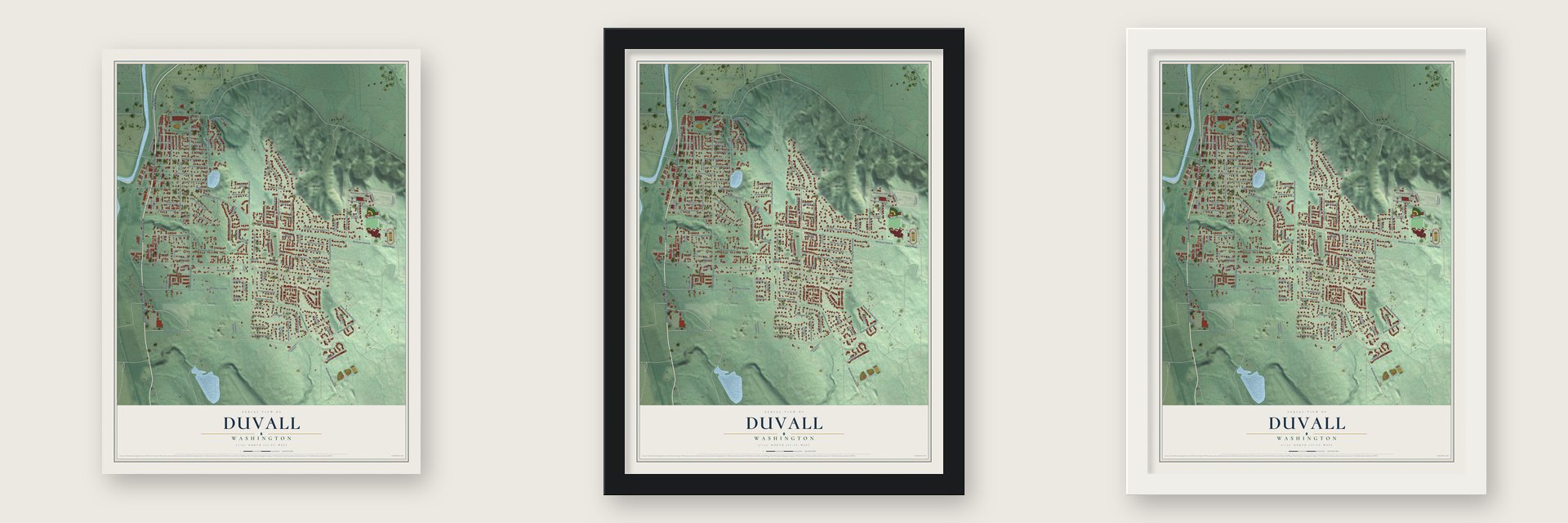 Duvall, Washington map unframed, in a black wood frame and in a white wood frame