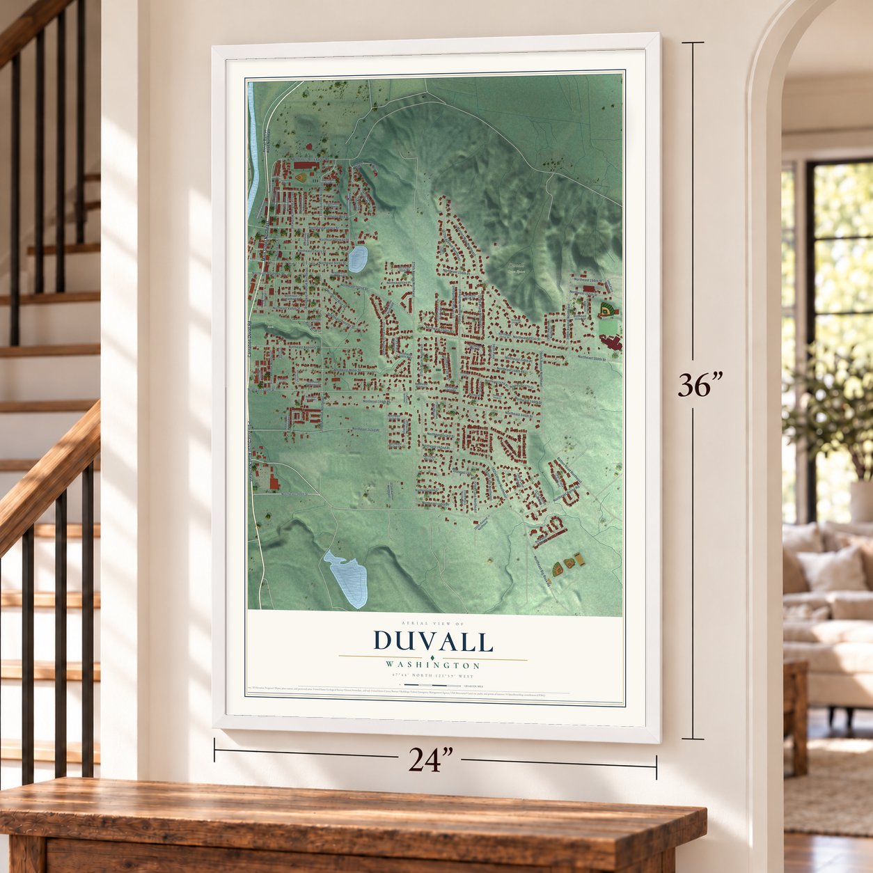 Duvall, Washington map, 24 x 36 inch print in a white frame by a staircase