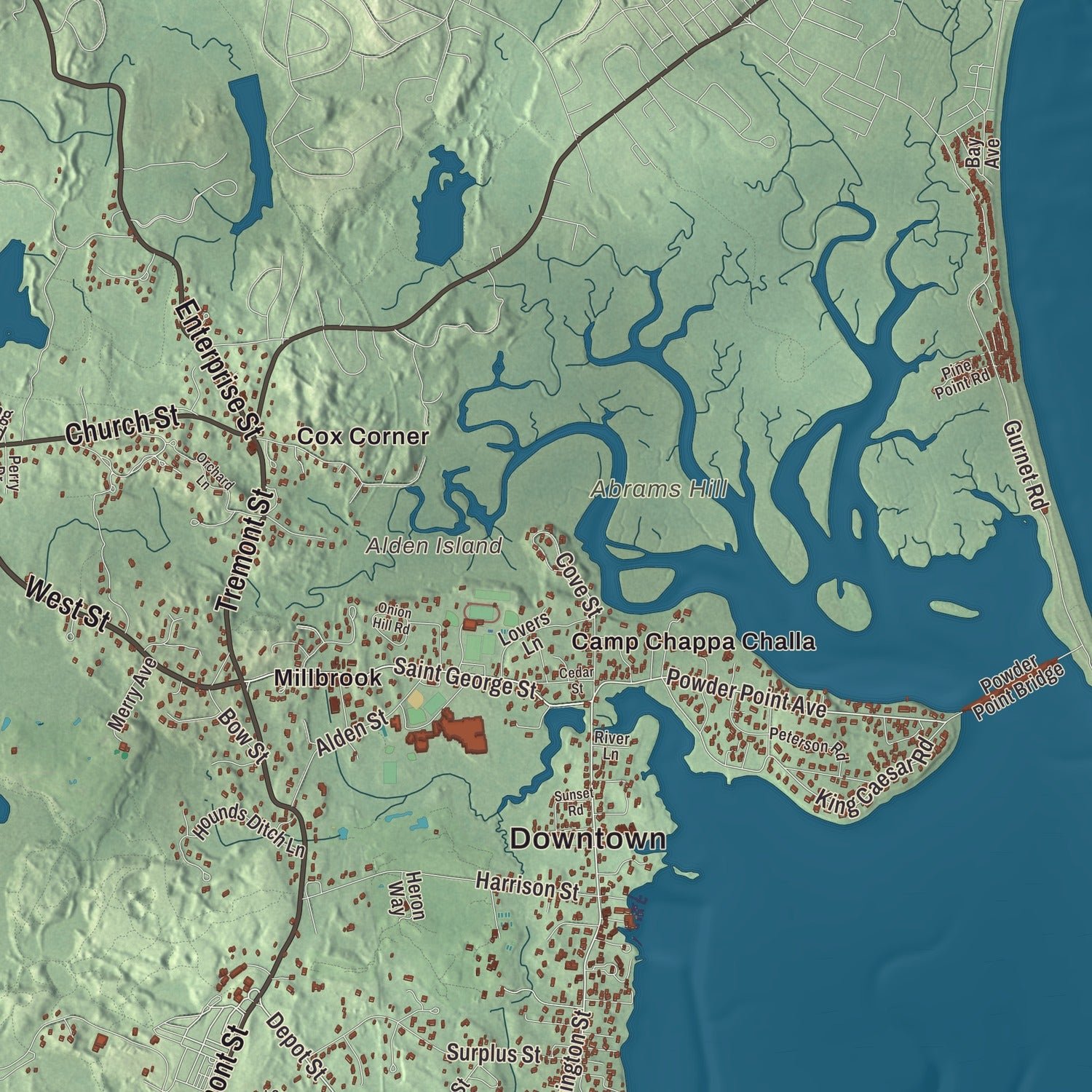 Close-up of the map of Duxbury, Massachusetts print showing terrain and local geography